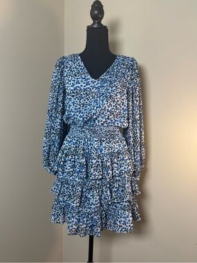 Express Blue and White Long Sleeve Tiered V-Neck Dress